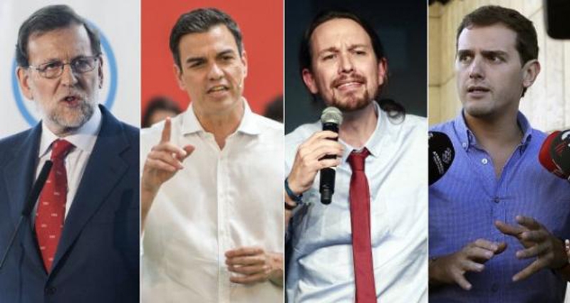 De izq. a dcha.: Mariano Rajoy, Pedro Sánchez, Pablo Iglesias y Albert Rivera. FOTO: MAS Consulting.