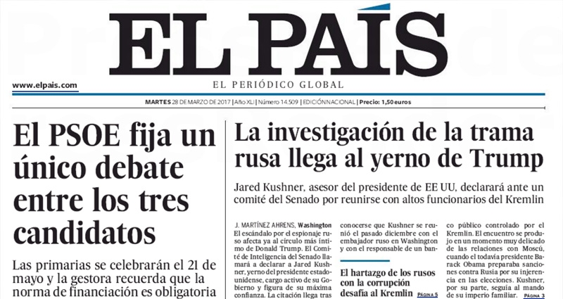 Portada del diario 'El País' este martes 28 de marzo de 2017