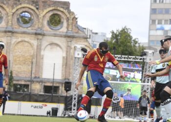 Una imagen del encuentro entre España y Bélgica, en el Europeo de Fútbol 5 para Ciegos