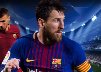 Leo Messi regatea a un jugador de la Roma