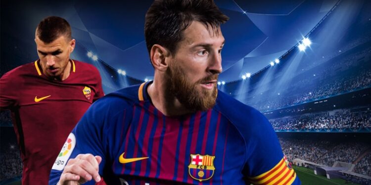 Leo Messi regatea a un jugador de la Roma