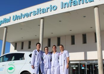 La Dra. González Juarez (izda) junto a las tres enfermeras que completan la Unidad de Hospitalización a Domicilio del HUIE y el vehículo eléctrico que utilizan para visitar a los pacientes