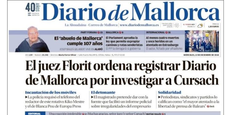 Portada del 'Diario de Mallorca' sobre la intervención judicial