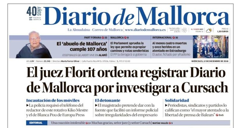 Portada del 'Diario de Mallorca' sobre la intervención judicial