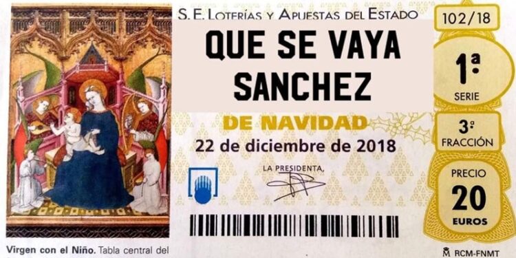 Boleto de la Lotería de Navidad que pide la dimisión de Pedro Sánchez