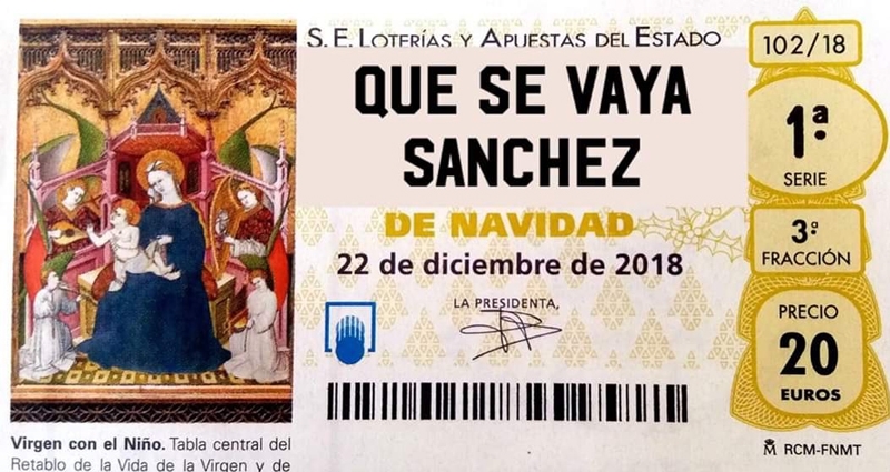 Boleto de la Lotería de Navidad que pide la dimisión de Pedro Sánchez