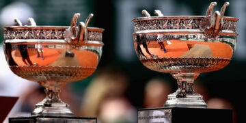 PARIS, FRANCE - JUNE 11:  A detailed view of the trophy following the mens singles final between Rafael Nadal of Spain and Stan Wawrinka of Switzerland  on day fifteen of the 2017 French Open at Roland Garros on June 11, 2017 in Paris, France.  (Photo by Julian Finney/Getty Images)