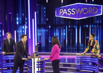 PASSWORD -- Episode 1: Jon Hamm -- Pictured: (l-r) Jon Hamm, Jimmy Fallon, a guest contestant, and host Keke Palmer -- (Photo by: Jordin Althaus/NBC)